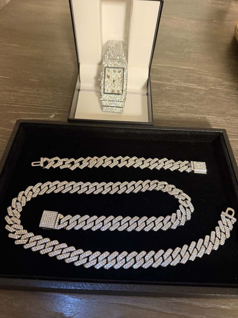 White Gold Miami Cuban Chain & Matching Bracelet Set + Iced Roman Numeral Watch